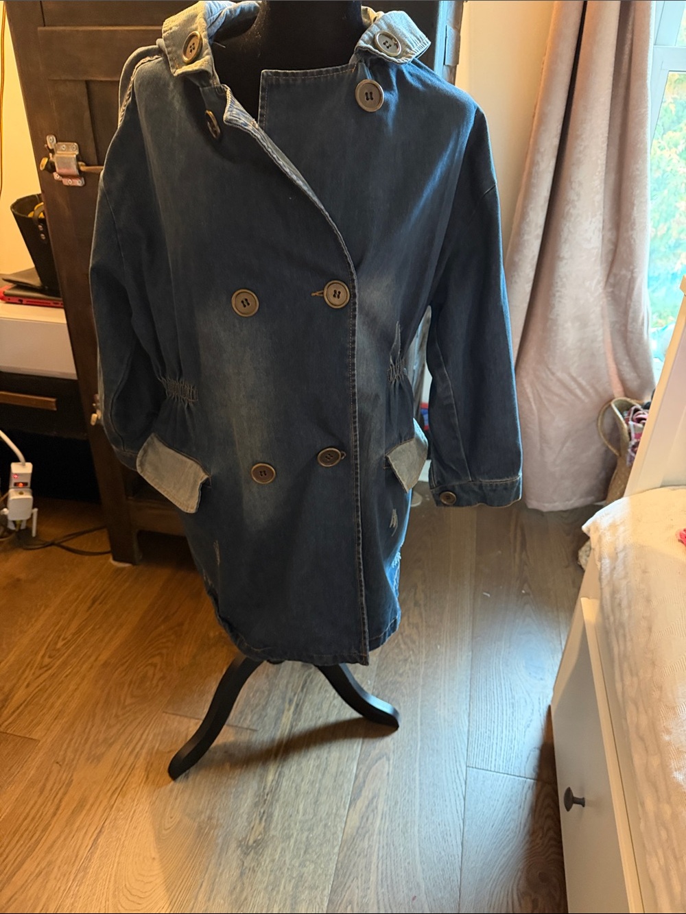 Women’s Denim Trench Coat - Blue Hooded Double-Breasted